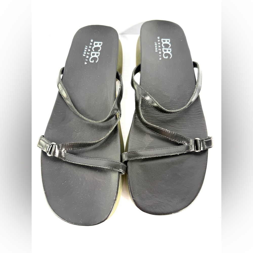BCBG Black Leather Strappy Slide Sandals